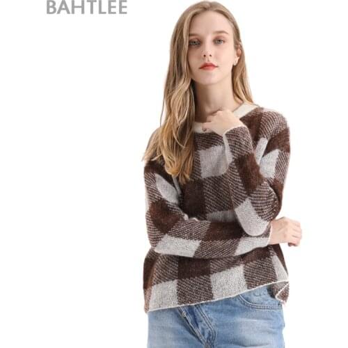 BAHTLEE Autumn Winter Women Mohair Short Pullover O-Neck Sweater Diamond Jacquard Long Sleeves Wool Knitted Jumper Loose Style