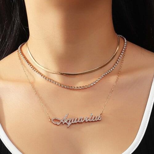 3PC Chain Woman Necklaces Twelve Constellation Necklace Lady Fashion Sexy Rhinestone Decoration Multilayer Letter Necklaces