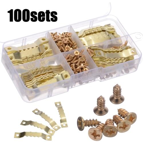 100 Sets 45*8mm Gold Saw Tooth Hangers Canvas Picture Frame Hooks + Screws Sawtooth Hangers