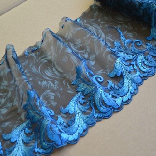 15Yards Lace Trim Black Mesh Blue Fluorescent Wavy Thread Flower Embroidered Scalloped Tulle Lace 18cm Wide High Quality Wedding