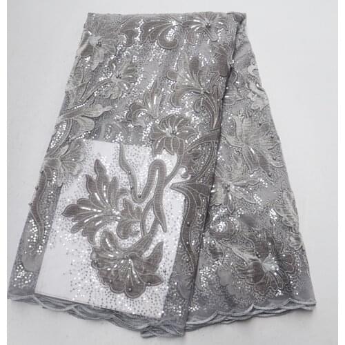 2019 High quality grey Nigerian wedding french guipure lace unique African tulle velvet lace fabric with sequins beads for dress