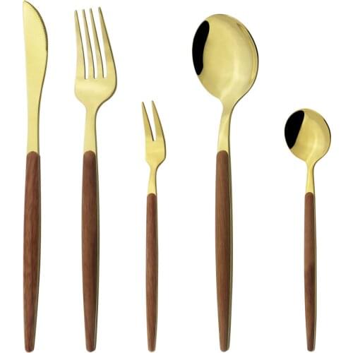 5Pcs Wooden Handle Tableware Gold Cutlery Set Stainless Steel Dinnerware Glossy Knife Fork Spoon Silverware Kitchen Flatware Set