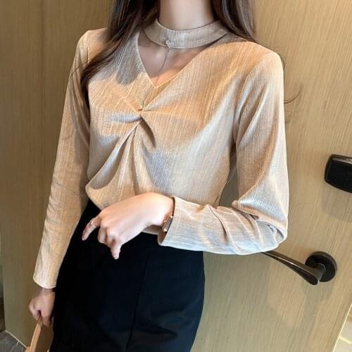 Folds Tops Solid Blouses Women Autumn Gold Velvet Long Sleeve V-neck Hollow Out Blouse Female 2021 New Korean Shirts