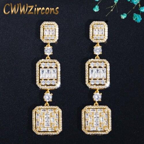 CWWZircons Popular Luxury Full Micro Cubic Zirconia Gold Color Long Women Bridal Wedding Engagement Earrings Jewelry CZ719