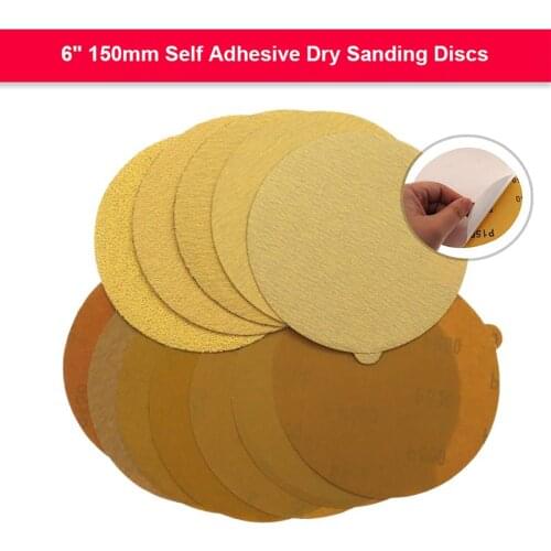 5pcs 6 Inch 150mm Self Adhesive Sanding Discs Yellow Aluminum Oxide Dry Sandpaper Glue-lined Round Backing Pads 40 to 800 Grit