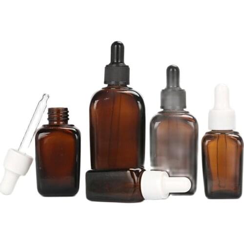 Amber Glass Dropper Bottle Square Vials Empty Cosmetic Packaging Container Essential Oil Bottles Dispensing 10/25/35/100ML 10pcs