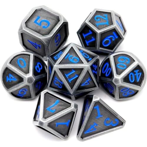 Haxtec Metal DND Dice Set Classic Collection D&D Polyhedral Metal Dice Large for RPG-Fine Antique Iron Blue Numbers