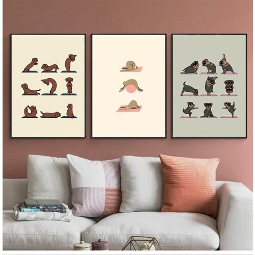 Cute Animal Yoga Actions Wall Art Canvas Painting Dog Cat Lovely Poster Pictures For Living and Kids Room Decor