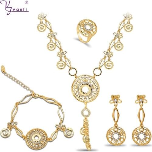 Kfvanfi Charm Necklace Bracelet Earrings Drop Ring Jewelry Gold Color Rhinestones Jewellery Set For Party Wedding Women