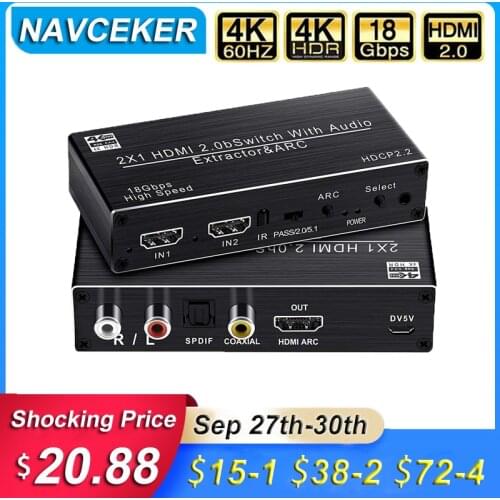 2020 Best 4K HDMI 2.0 Switch Remote 2x1 HDR HDMI Switcher Audio Extractor With ARC & IR Switch HDMI 2.0 For PS4 Apple TV HDTV