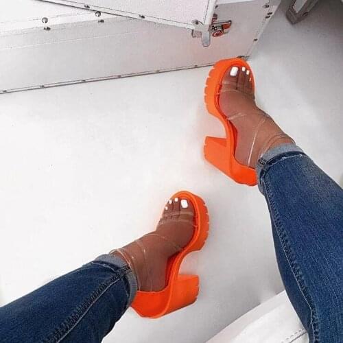 Neon Orange 2020 New Womens High-heeled Sandals Cross PVC Straps Outdoor Travel Sandals Rubber Bottom Non-slip Slippers Sandals