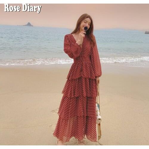 RoseDiary Summer Designer Resort Dresses Ladies' Dot Printed Ruffle Layer Maxi Strap Vestidos Womens Long Party Vintage Dress