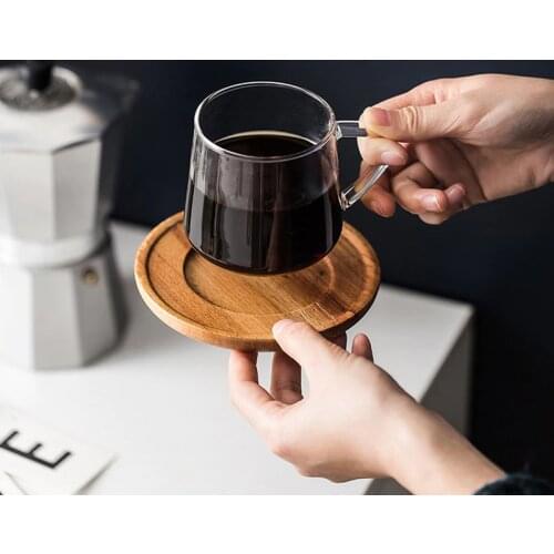 300ml Glass Coffee Cup Water Cup With Wood Coaster Simple Breakfast Milk Tea Cup Set Household Drinkware Coffee Cup