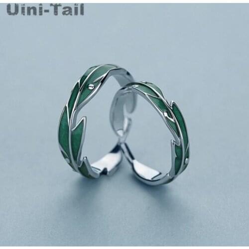 Uini-Tail hot sale new 925 sterling silver green banana leaf couple ring niche design fashion personality sweet high quality