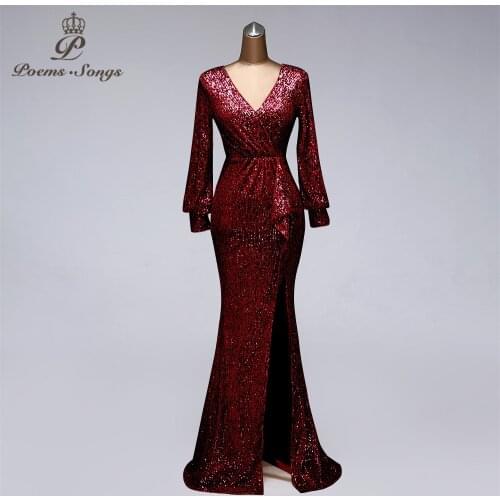 Burgundy color long sleeve Sequin Evening Dress vestido de festa prom gowns Formal Party dress reflective dress robe de soiree