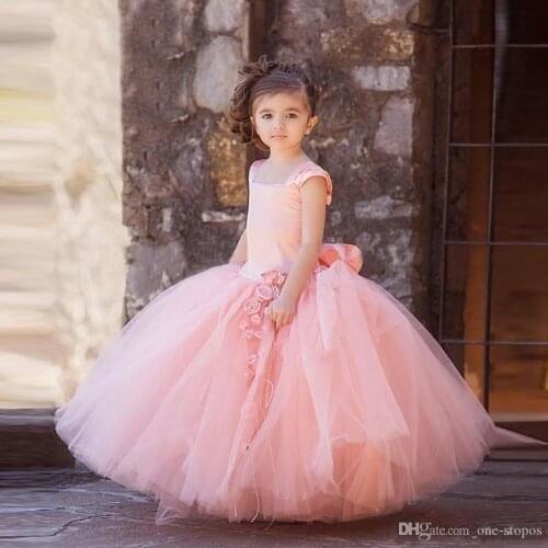 Vintage Blush Pink Tulle Ball Gowns Flower Girl Dresses for Wedding Floor Length Kid First Communion Gown Square Hand Made Flowe