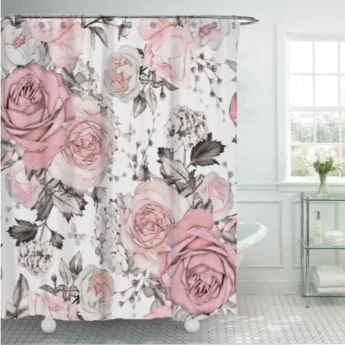Pink Rose Flowers Grey Shower Curtain Spring Floral Plants Print Cloth Curtains European Home Bathroom Decor Waterproof Fabric