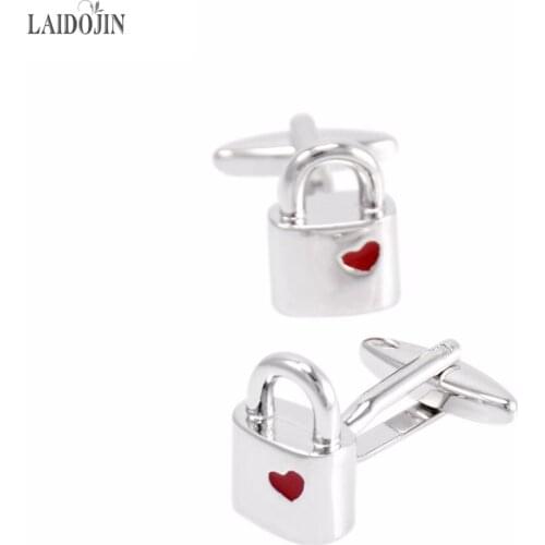 LAIDOJIN Lock Cufflinks for Mens Shirt Cuff bottons High Quality Red hearts Enamel Cufflinks love Fashion Jewelry Design