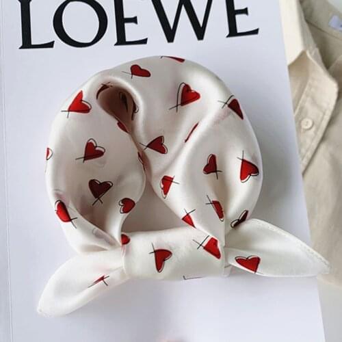 Luna&Dolphin Women Small Square Scarves 53x53cm 100% Real Silk Red Love White Bandanas Fresh Style Headbands Scarf Kerchief