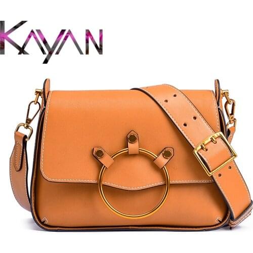 Genuine Leather Retro Women Shoulder Bag Cow Leather Female Flap Bag Wild Shoulder Strap Messenger Bag With Metal ring