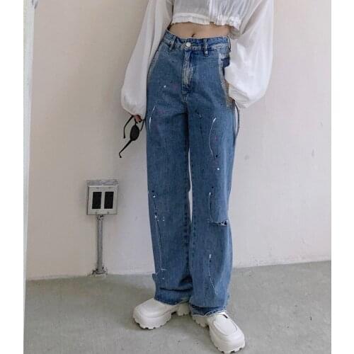 2021 New Blue Ripped Jeans Woman High Waist Spring Streetwear Vintage Splash Ink Straight Pants Versatile Baggy Denim Trouser
