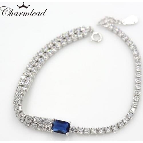 Charmlead 925 Sterling silver Link Chain CZ Bracelet Blue Cubic Zirconia Crystal Charm Bracelets Fashion Party Jewelry For Women