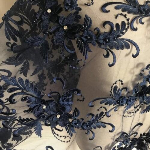 1yard Navy Blue Lace Fabric With 3D Flowers, Heavy Bead Lace Fabric With 3d Florals
