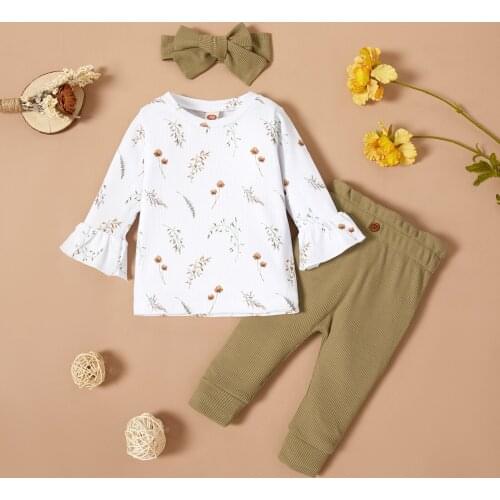 0-24 Months Print 3 Pcs Newborn Casual Outfits, Toddler Plant Print Long Sleeve Round Neck Pullover + Ribbed Trousers + Headband