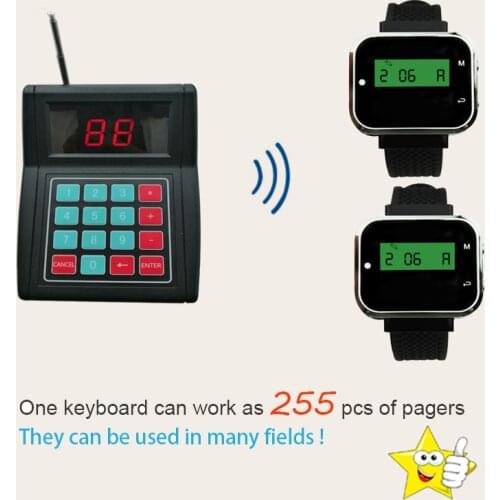 Long-range Wireless Calling System 1 Keyboard Transmitter + 2 Wrist Watches Black USB Interface For Restauran Hospital Cafe