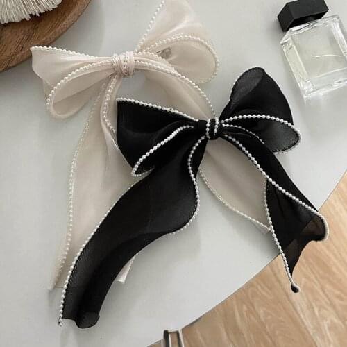 Elegant Pearl Streamer Bows Hair Clip Women Ponytail Hairpin Duckbill Clip Pearl Chiffon Bowknot Hair Grips Barrettes Headdress
