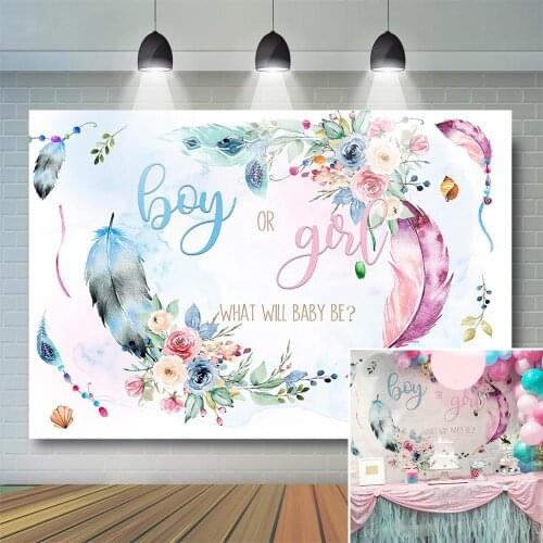 Boho Dreamcatcher Backdrop Boy or Girl Gender Reveal Party Backdrop Pink Blue Feather Flower Baby Shower Party Decoration