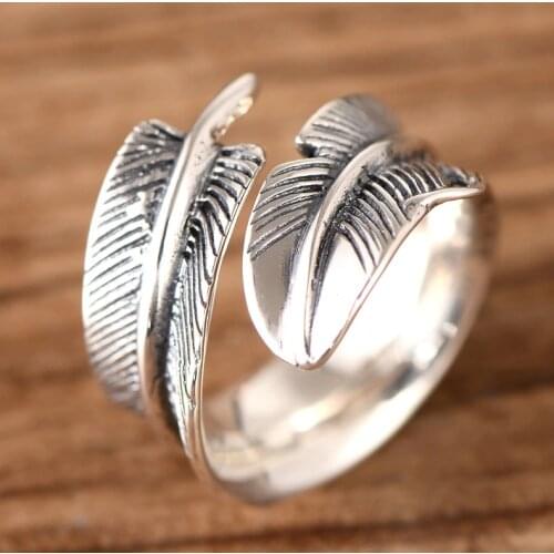 SA SILVERAGE Feather Male and Female Open Ring 5.7g Jewerly Silver 925 Pure Silver Hand Ornaments Vintage Thai Silver