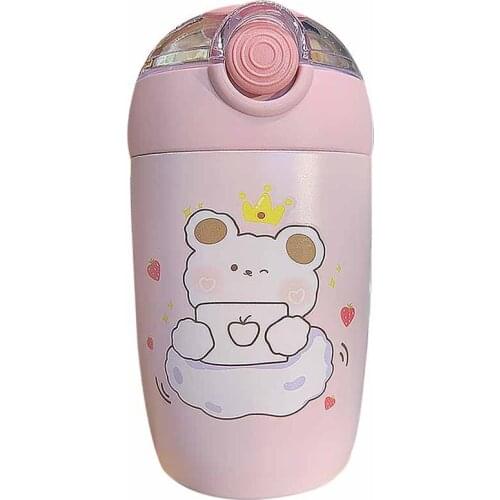 1pc 300ml Cute Little Girl Heart Thermos Cup Water Cup with Straw Portable High Value Drinking Cup for Boys and Girls