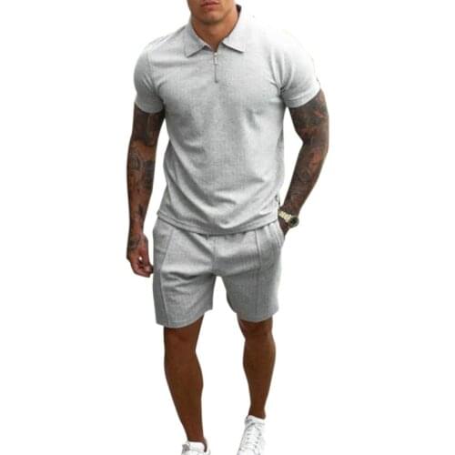 Men Cotton Zipper Polo Short Sleeve Shirt Shorts 2-piece Set 2021 Summer Men Lapel Solid Color Suit Fabric Sports Slim Fit -40