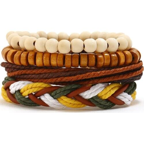 Braided Khaki Feather Ethnic 4 Pcs/set Wood Beaded Handmade Leather Men Bracelets Women Bangle Male Homme Jewelry Accessories