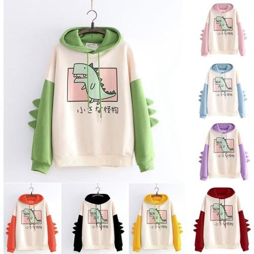 New Womens Cute Hoodies Splice Patchwork Dinosaur Print Winter Sweatshirt Long Sleeve Oversize Hooded Pullover Tops Tracksuit