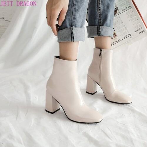 Autumn Women Boots Faux Leather Super High Heel Ankle Boots Fashion Square Toe Zipper Winter Boots Black White 2021
