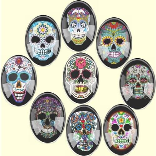 Handmade Glass Mix Size Oval Skull embroidery Flatback Cameo Cabochon Domed DIY Jewelry Charm Photo Pendant Setting
