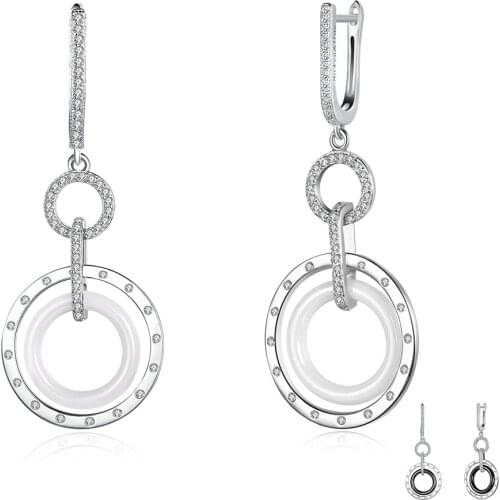 SILVERHOO Simple Double Circle Ceramics Drop Earring Dazzling Zircon Earrings Women Valentines Day Sterling Silver 925 Jewelry
