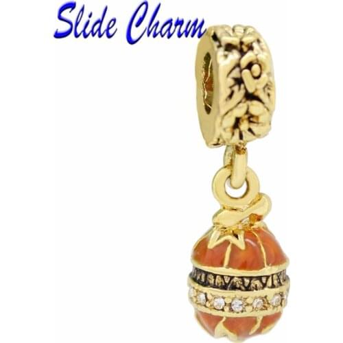 Vintage jewelry yellow enamel DIY straight hole beads jewelry Easter gift and white crystal, golden oval plant pendant Russian