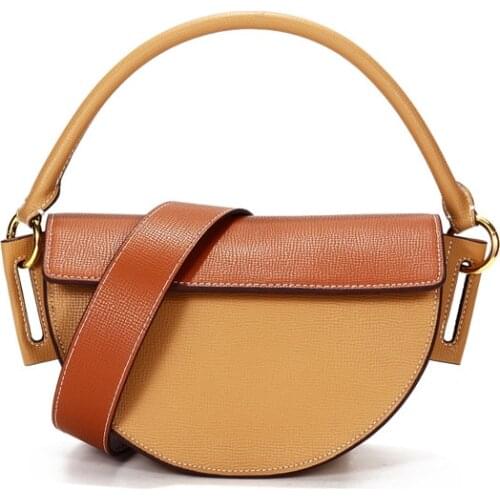 2021 New Genuine Leather Pannel Saddle Bag For Women Cowhide Fashion Shoulder Handbag Female Designer Crossbody Bags Apricot