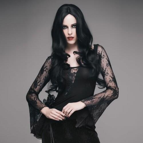 EVA LADY Womens Gothic Petal Sleeve Asymmetric Hem Tees Sexy Low Collar Slim Fit Long Sleeve Top