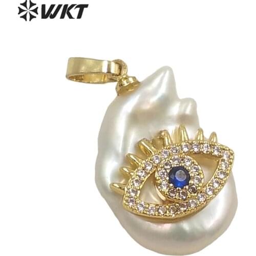 WT-JP259 New design Popular women Charming micropave CZ evil eye pearl pendants with gold hoop Fancy girl natural real pearl