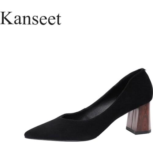 Kanseet Genuine Leather High Heels Women Pumps 2021 Spring Autumn Concise Office Lady Shoes Black Pointed Toe Thick Heels Shoes