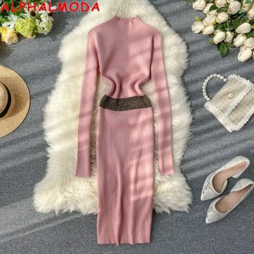 ALPHALMODA Women Vintage Patchwork Knit Dress Hit Color Waist Women Stretchy Knit Dress Body-con Pullovers Bottom Dress