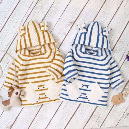 Winter Warm Kids Casual Sweater Baby Boy Girl Striped Print Cotton Knitted Hoodie Outerwear Clothes 6M-3T