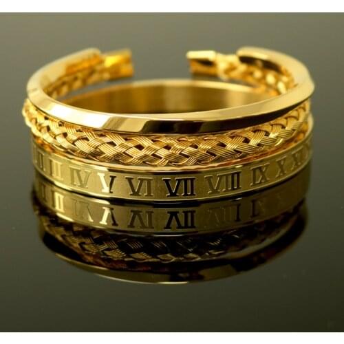 3pcs/set Luxury Roman Number 316L Stainless Steel Wristband Braiding Bangles Opening C Shaped Cuff Bracelets For Men