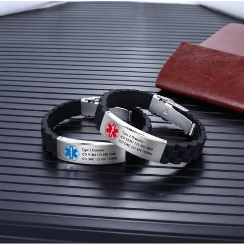 Free Custom Engraved Medical Alert ID Bracelet Silicone Sports Wristband Adjustable Emergency Bracelet Bangles For Men Women Kid