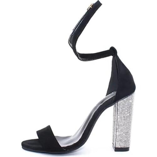 Crystal Block High Heel Sandals Open Toe Side Cut Out Ankle Buckle Shoes Cover Heel Party Ladies Summer Shoes