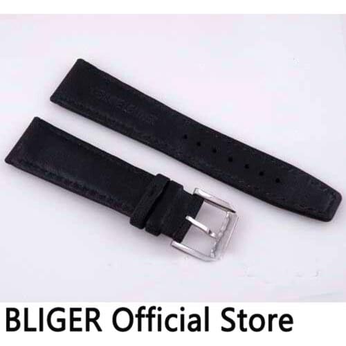 BLIGER 22MM Black Genuine Leather Strap Stainless Steel Buckle Pin Clasp Leather Watch Band Fit For Mens Watch ST11